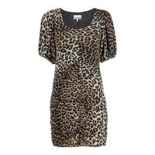 GANNI Womens Bold Edgy Leopard Print Ruched Puff Sleeve Mesh Mini Dress 34