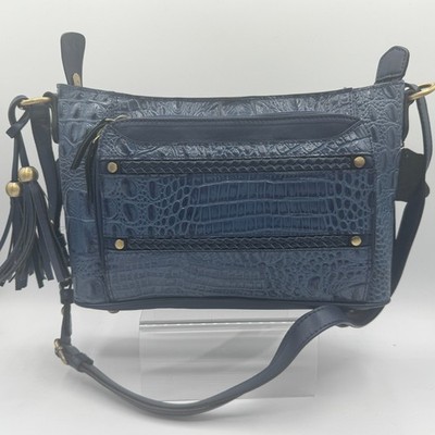 Marc Chantal M.C. Navy Blue Croc Embossed Crossbody Shoulder Bag Tassels