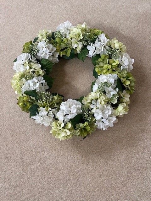 Silk Flower Wreath 26” Green and White Hydrangeas for Front Door