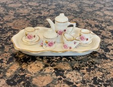 Vintage Miniature Porcelain Dollhouse Tea Set Coffee Rose design with Gold trim