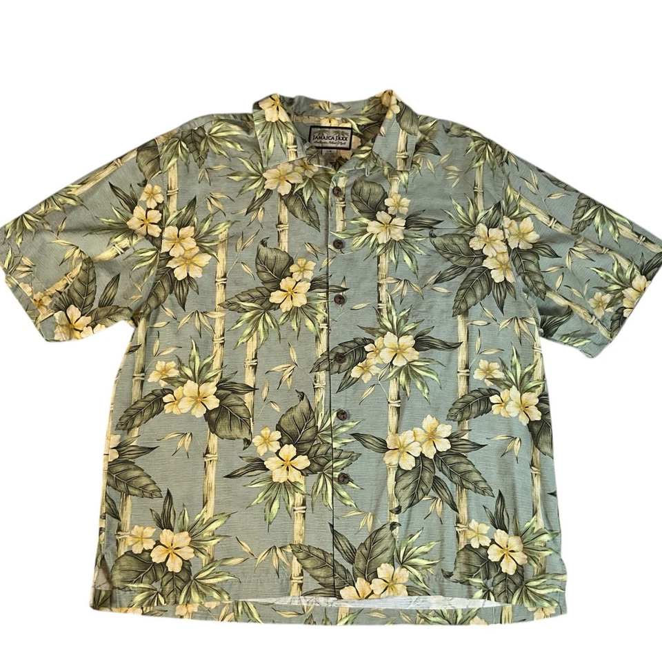 Camisa Jamaica Jaxx Para Hombres Verde Claro Amarillo Floral 100% Seda Grande Vacaciones Foto 4 de 4