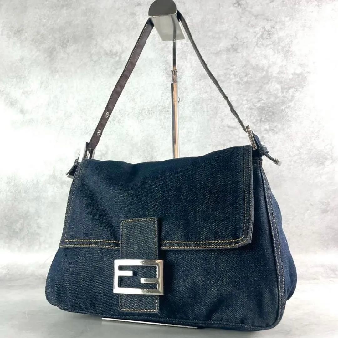 Fendi 26325 Denim Mamma Baguette Silver Hardware One Shoulder Bag Navy Blue