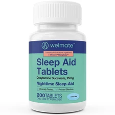 WELMATE Nighttime Sleep Aid - Doxylamine Succinate 25mg - 200 Tabs Adults 12+