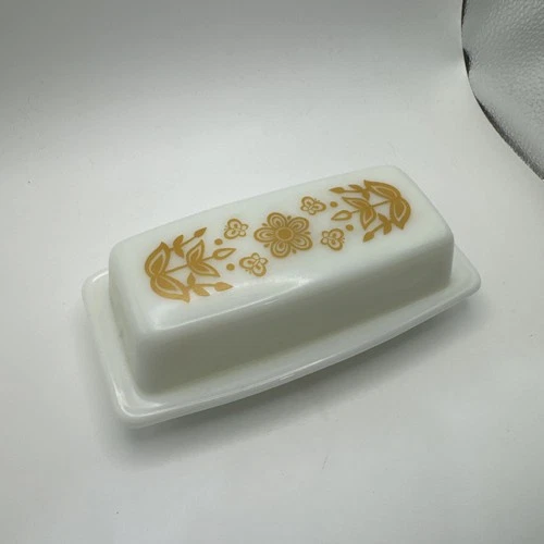 Vintage 1980s Pyrex Butter Dish Butterfly Gold White Milk Glass Floral Print MCM