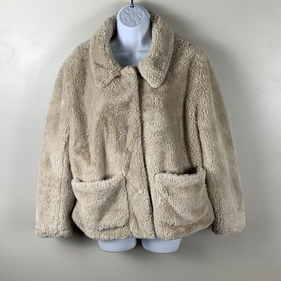 Divided By H&M Faux Fur Coat Womens Large Beige Short Collared Lined Jacket Glam