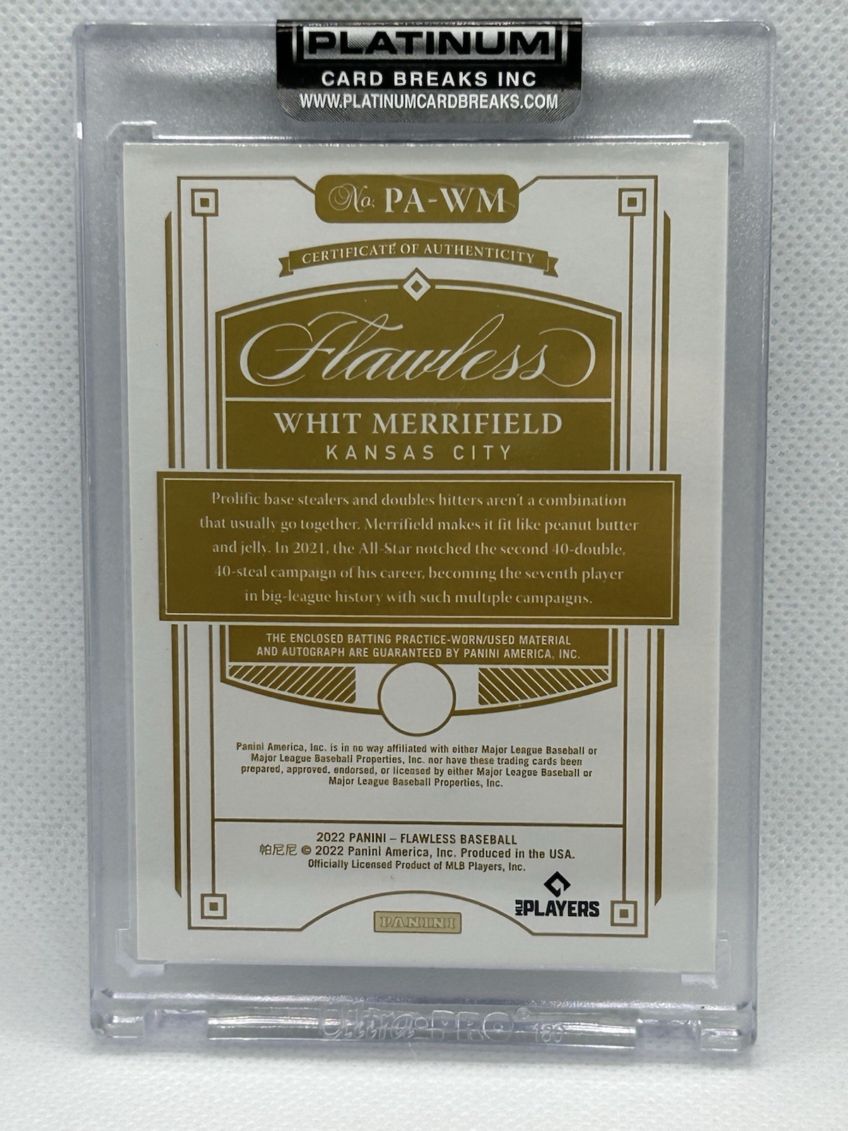2022 Panini Flawless Baseball Blue Foil Worn Relic Auto 1/7 Whit Merrifield view 2