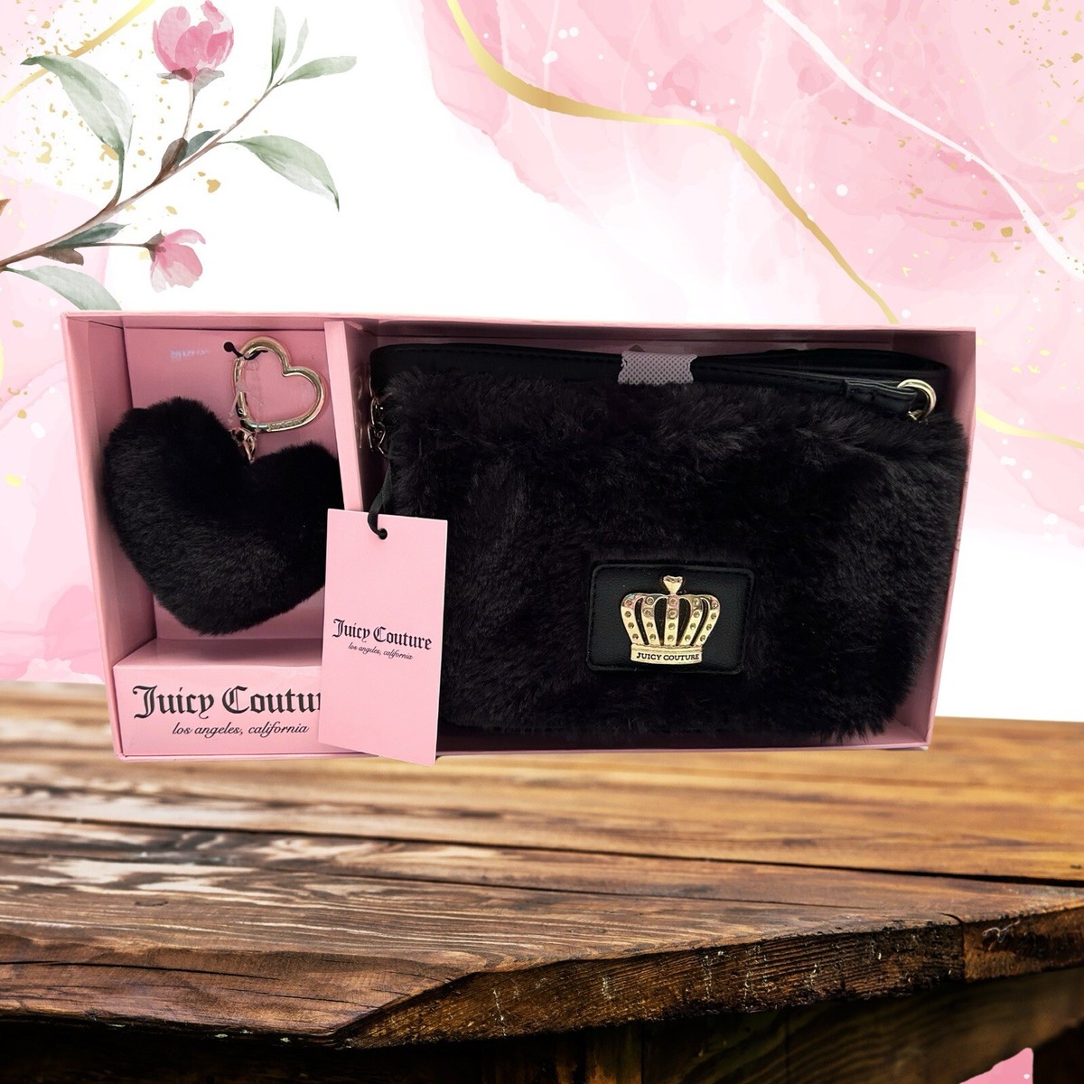 Juicy Couture Black Fur Crossbody & Heart Pom Pom Keychain Charm