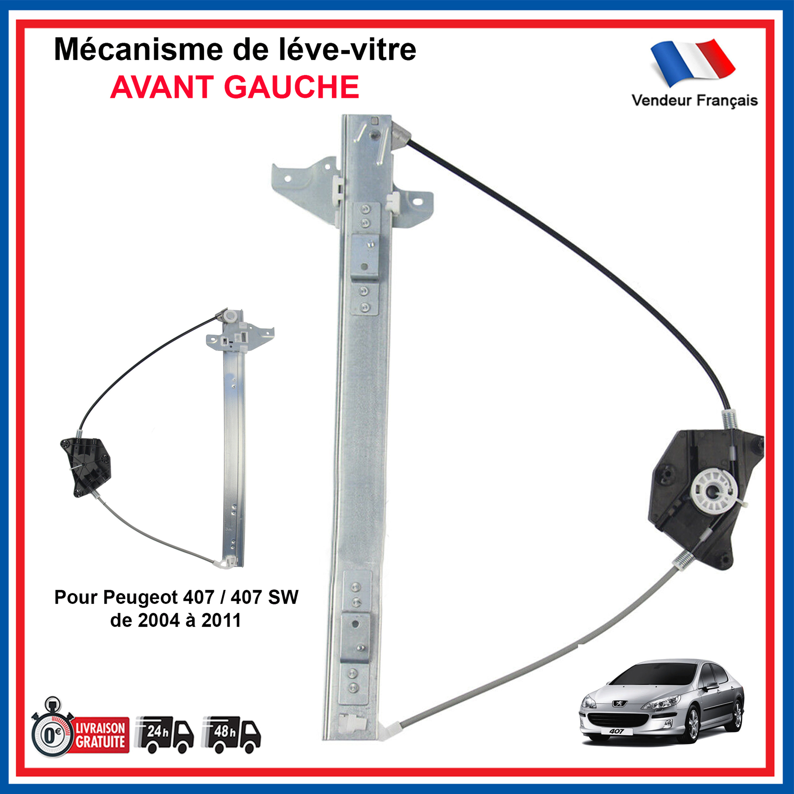 Lève-vitre électrique avant gauche 407 conducteur avec rails en acier renforcé