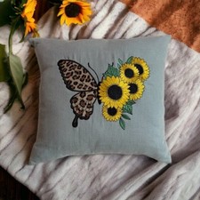 Linen Sunflowers Butterfly Embroidery Decorative Throw Pillow Made In USA Unique