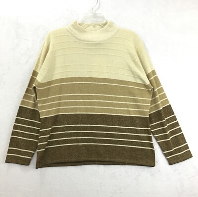 Jenny / Beige Metallic Gold L/S Striped Mock Neck Pullover Sweater / Size XL