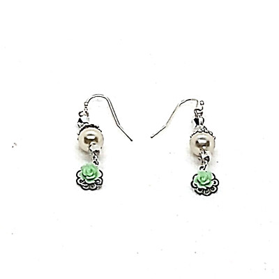 Pearl Crystal and Green Rose Dangle Earrings Hypoallergenic Fish Hook Earwires