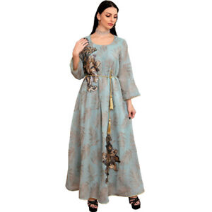 Embroidery Sequins Abaya Muslim Women Kaftan Long Maxi Dress Ramadan Kaftan Robe