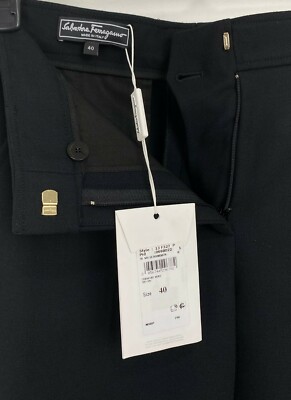 SALVATORE FERRAGAMO Black Wool Gancini Flat MidRise Pants 40 IT or