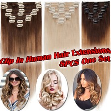 US Balayage 100 Human Hair Extensions 8 Pieces Clip In Real Remy Hair FULL HEAD