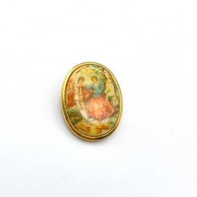 Vintage Fragonard Style Courting Couple Oval Brooch Gold Tone Garden Scene Pin