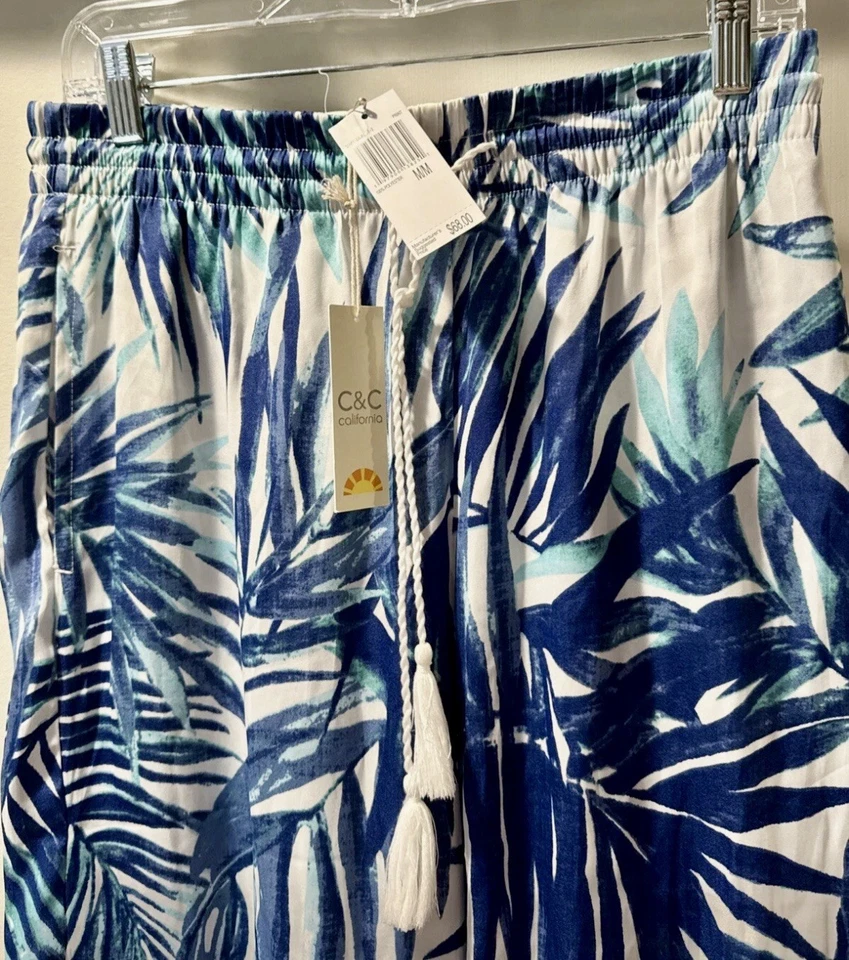 NWT C&C California Wide Leg Pant Sz M Blue Tropical  Leaf Print Tasseled Pull On - Image 2 of 4