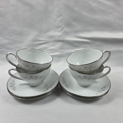 FOUR Noritake Tilford Cup & Saucer Sets White with Blue Flowers & Green Leaves