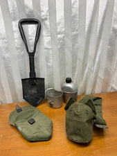 3 Piece Vintage US Army Militaria Canteen 1945 With Belt & Ames Folding Shovel