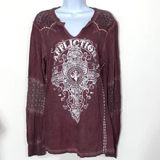 Affliction Top Womens Large Pink Purple Mesh Lace Beaded Cross Shirt