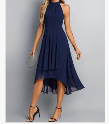 Ever-Pretty Damen Kleid Midi Neckholder Chiffon Hochzeitsgast A-Linie, Navy 8