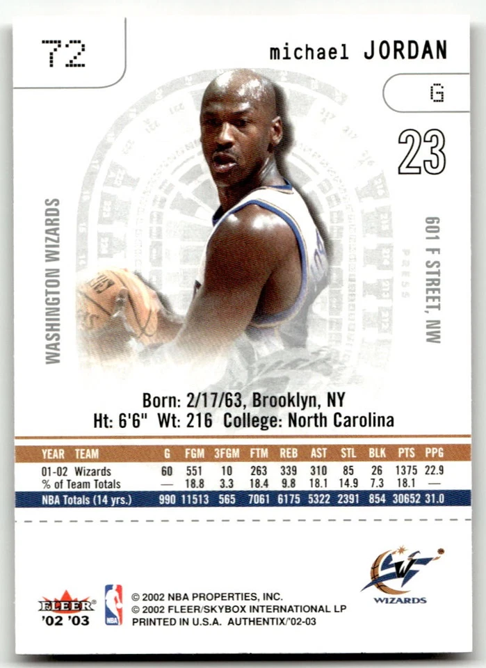 2002-03 Fleer Authentix #72 Michael Jordan Washington Wizards MINT NO RESERVE! - Image 2 of 2