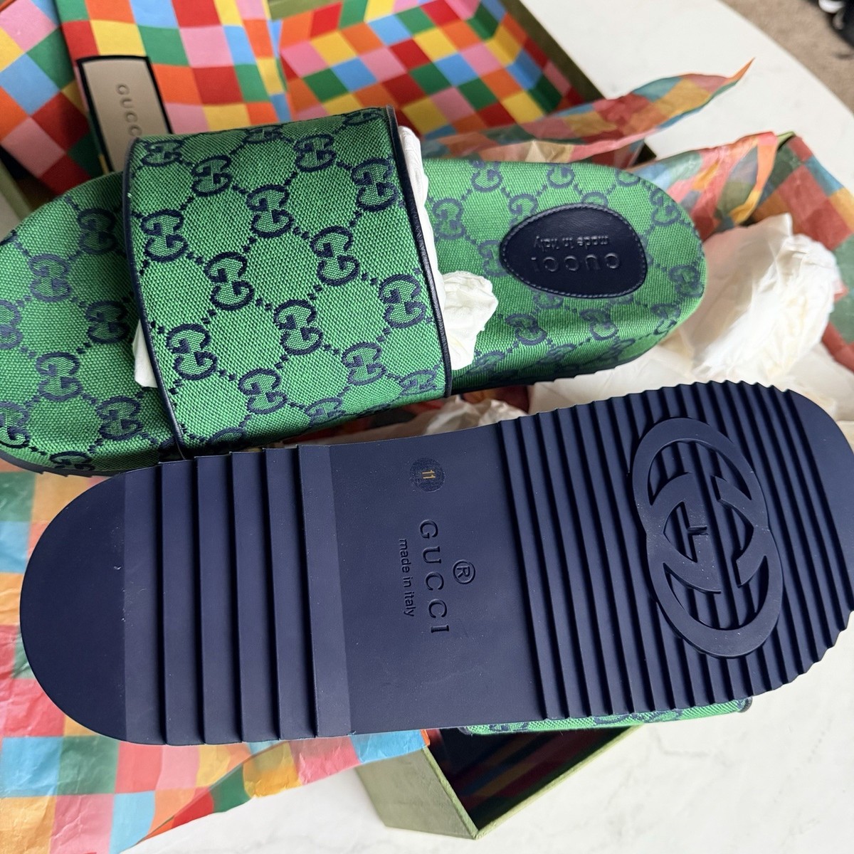 Gucci Monogram GG Canvas Slide Green Sandals Men | eBay