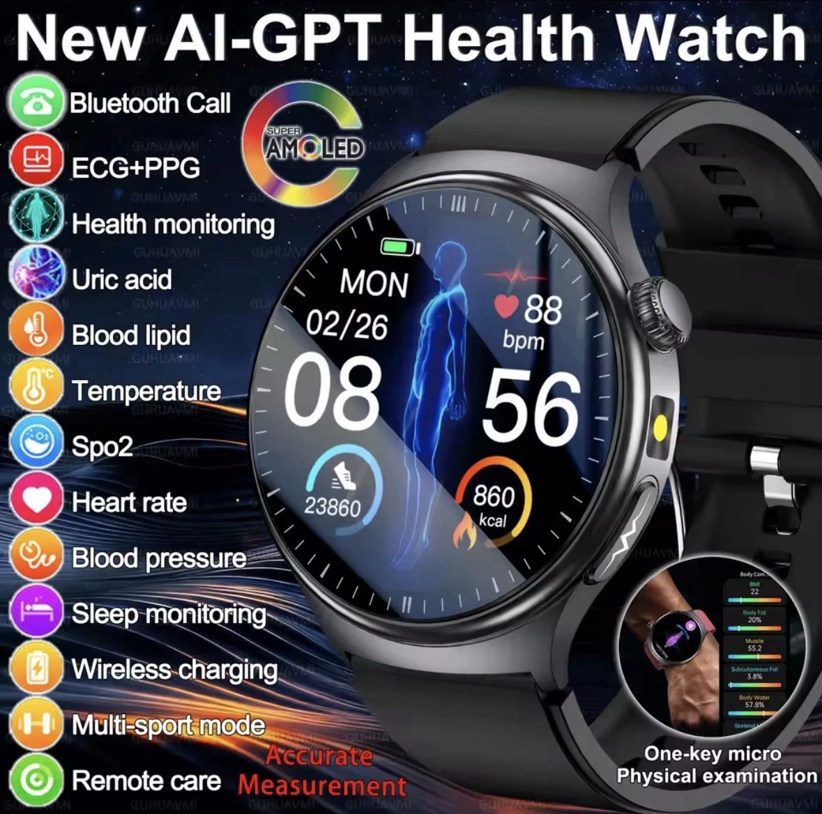 ECG+PPG Bluetooth Call Smart Watch Men Laser Health Blood Pressure Fitness Sport