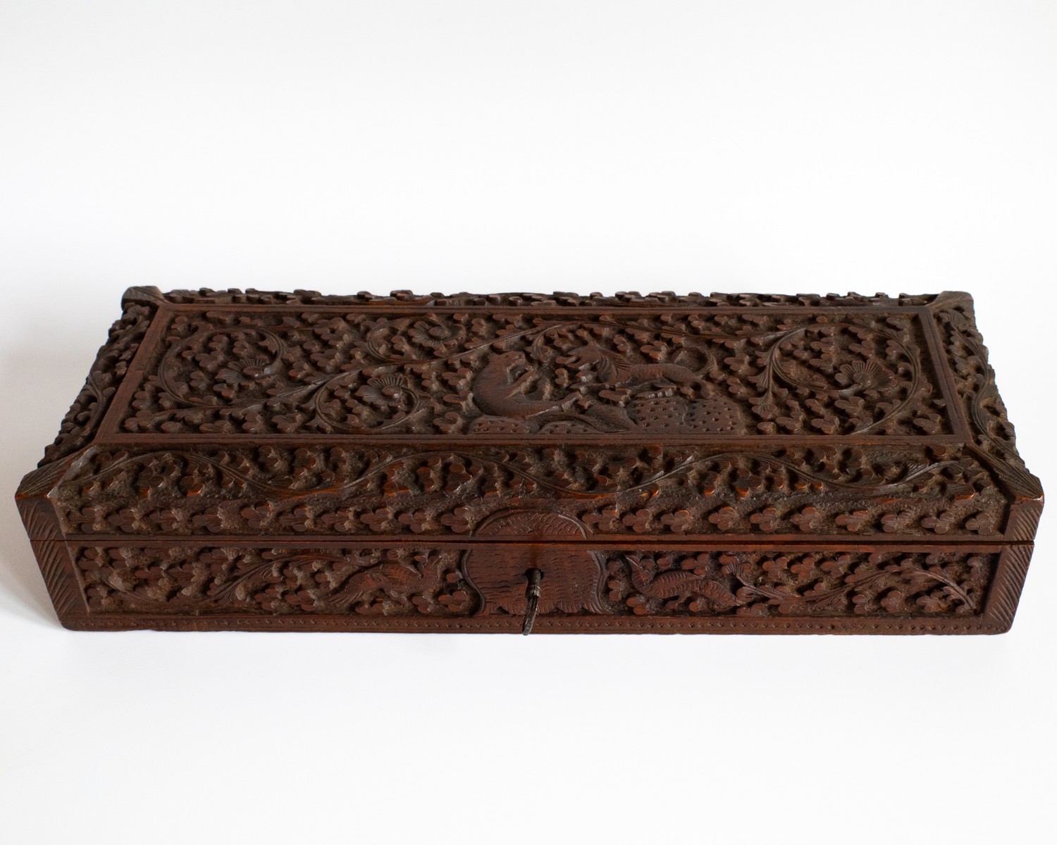 Antique Anglo Indian Sandalwood Box With Key – Relief Decorated