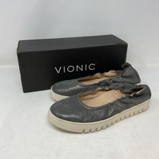 Vionic Uptown Ballet Flat Gray Leather Round Toe Slip On Shoes Women's Size 7.5W