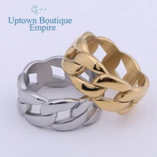 Men's Stainless Steel 10mm Cuban Link Engagement Ring Wedding Band Size 8-13 *63