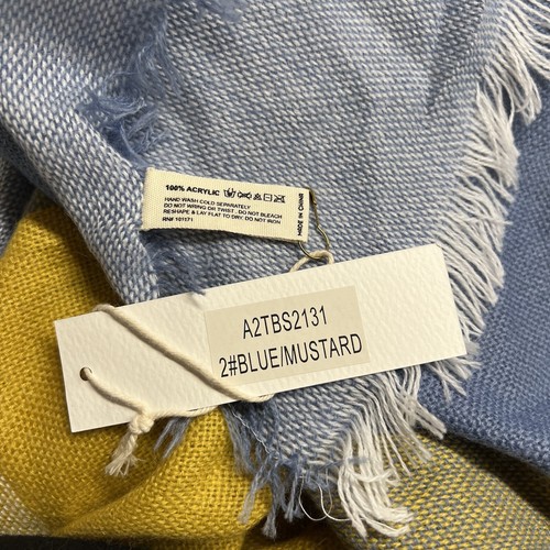 Macchia Di Ruggine Woman One Size Plaid Blue Mustard Fringe Shawl Scarf - Picture 5 of 5