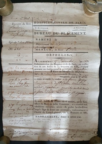 ANCIEN CERTIFICAT de PLACEMENT d'une ORPHELINE HOSPICES CIVILS DE PARIS 1807 19è - Photo 1 sur 12