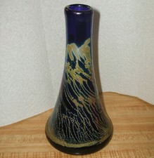 Vintage Robert Coleman Purple Cobalt Iridescent Hand Blown Glass Vase 8 1/4 In.