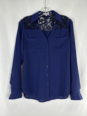 Express Portofino Shirt Womens Size S Purple Roll Tab Sleeve Lace Inset Slim Fit