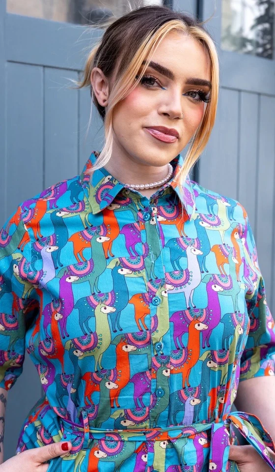 RUN AND FLY Party Llama Print Jumpsuit 8-26 Süß Bunt Schrullig Alt Retro Vtg - Bild 3 von 4