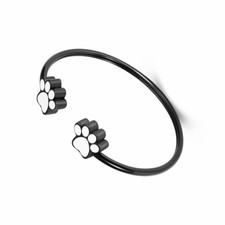 Paw Print Cremation Black Stainless Steel Flex Cuff Bangle Bracelet