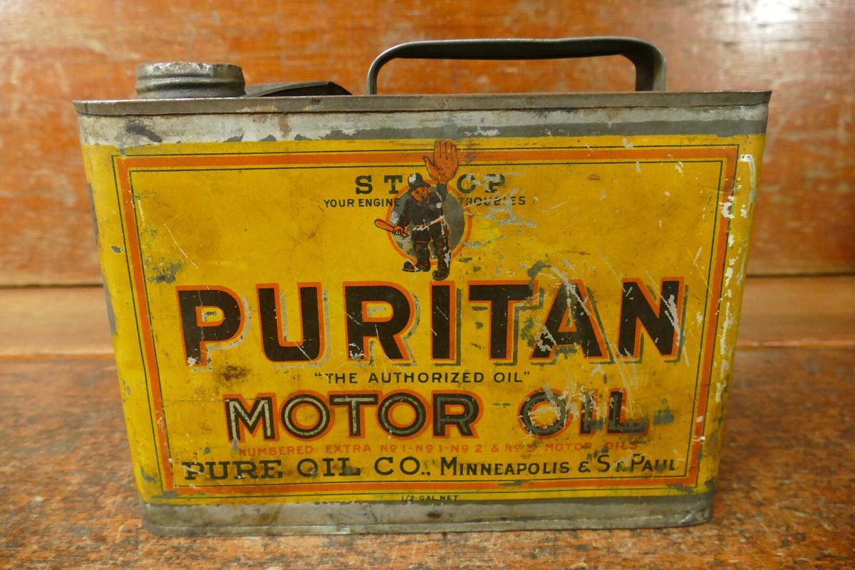 RARE 1920s Puritan Motor Oil Half Gallon Metal Oil Can Pure Oil Co