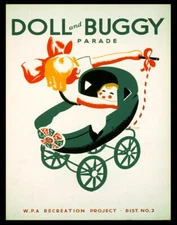 POSTER DOLL AND BUGGY PARADE GIRL WITH BABY CARRIAGE USA VINTAGE REPRO FREE S/H