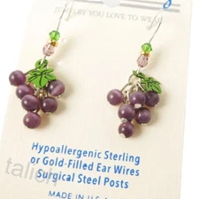 Sienna Sky Earrings Purple Grapes Cluster with Green Leaf Fun Cute Unique