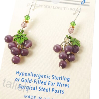 Sienna Sky Earrings Purple Grapes Cluster with Green Leaf Fun Cute Unique