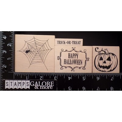Rubber Stamps SET 4 HAPPY HALLOWEEN PUMPKIN WEB SPIDER TRICK OR TREAT ...