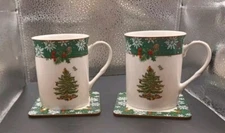 New Spode Christmas Tree Ceramic 2 Coffee Cup Mugs & Cork Backed Coasters In Box