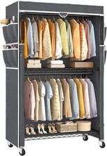 Heavy Duty Clothes Hanging Rail with Cover Garment Rack On Wheels Adjustable NEW