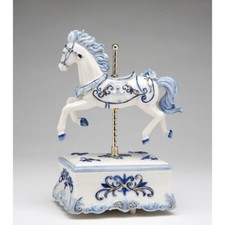 NEW MUSIC BOX "BLUE CAROUSEL HORSE"  WHITE+BLUE PORCELAIN FIGURINE-80111-NAIS