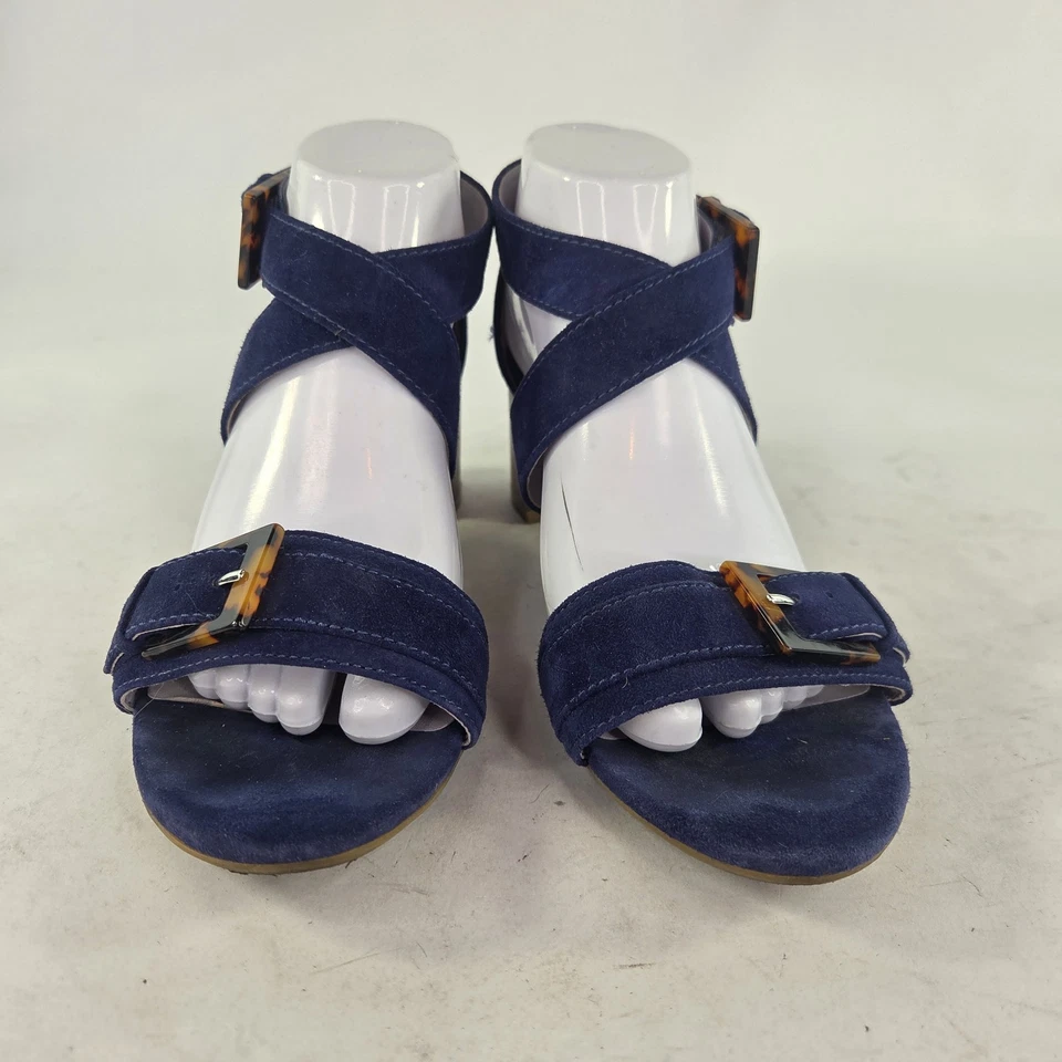 Johnston & Murphy Navy Suede Heels Sandals US 9.5 M Buckle Strappy Shoes  - Image 2 of 4