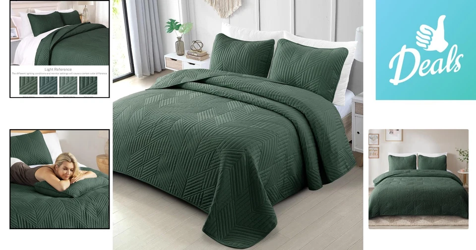 Elegante Conjunto de Colcha Ultrassônica King - Design Geométrico Verde Macio para Todas as Estações - Imagem 2 de 4