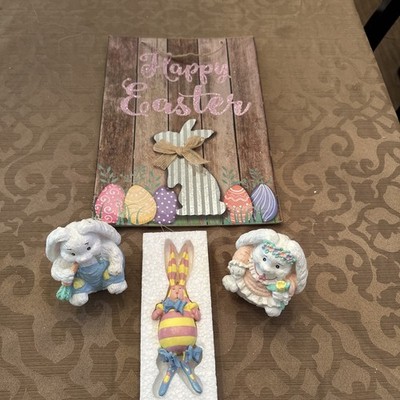 Easter Decor Lot Happy Easter wood sign 3 bunny figurines high-quality 