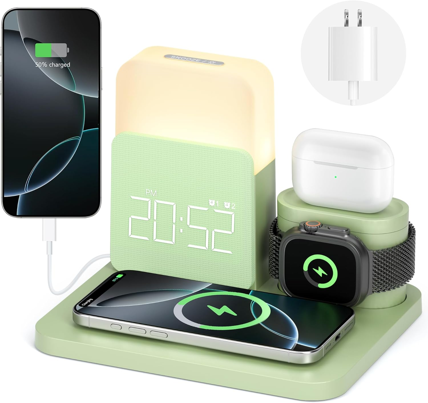 Wireless Charging Station, 7 in 1 Wireless Charger Stand with Dual Alarm Clock,