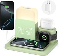 Wireless Charging Station, 7 in 1 Wireless Charger Stand with Dual Alarm Clock,