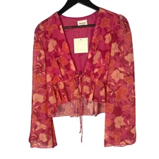 NWT Showpo Sheer Floral Tie Front Blouse Pink Red Orange Long Sleeve Size US 4